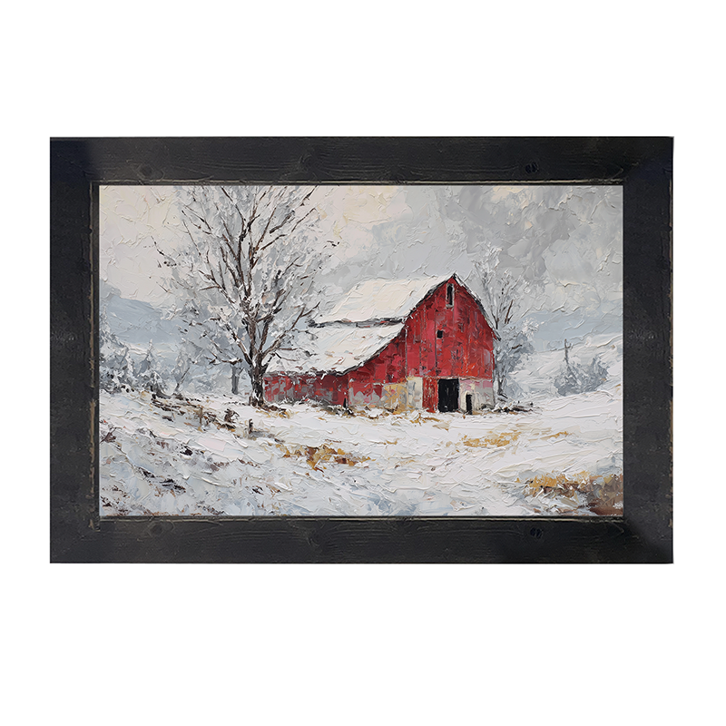 Country Winter - Red Barn near Tree - Framed Art