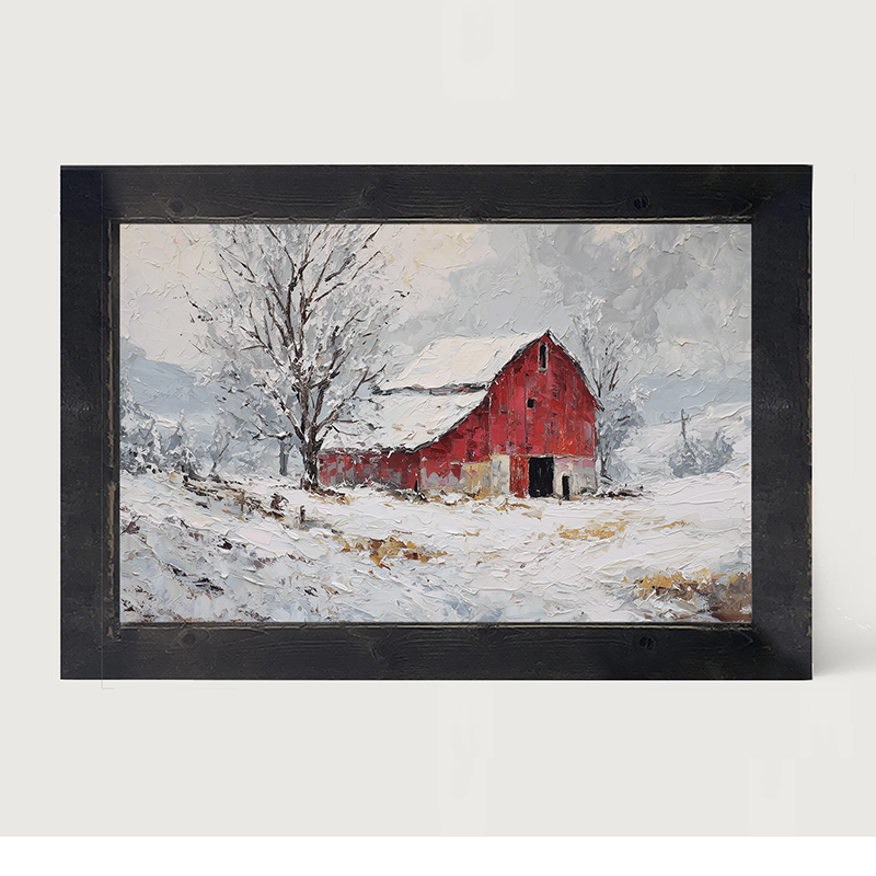 Country Winter - Red Barn near Tree - Framed Art