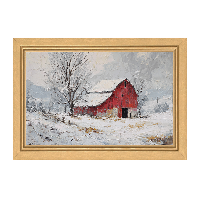 Country Winter - Red Barn near Tree - Framed Art