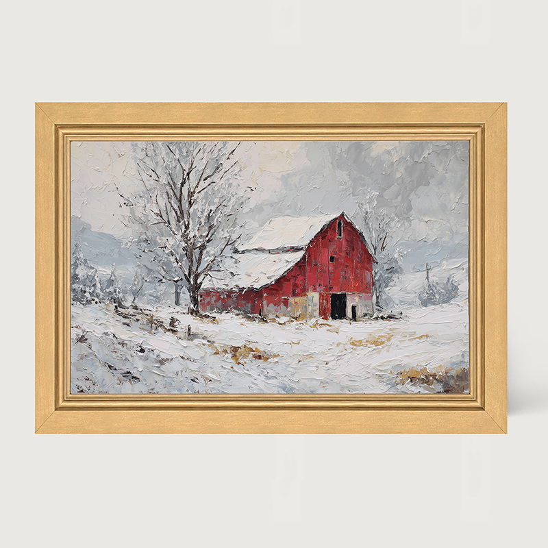 Country Winter - Red Barn near Tree