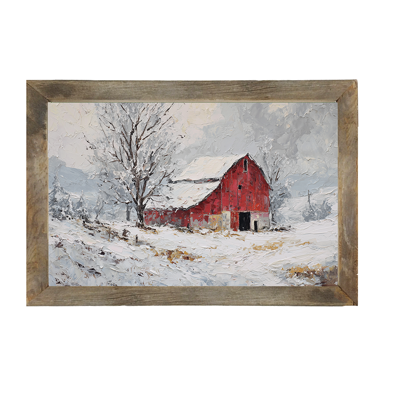 Country Winter - Red Barn near Tree - Framed Art