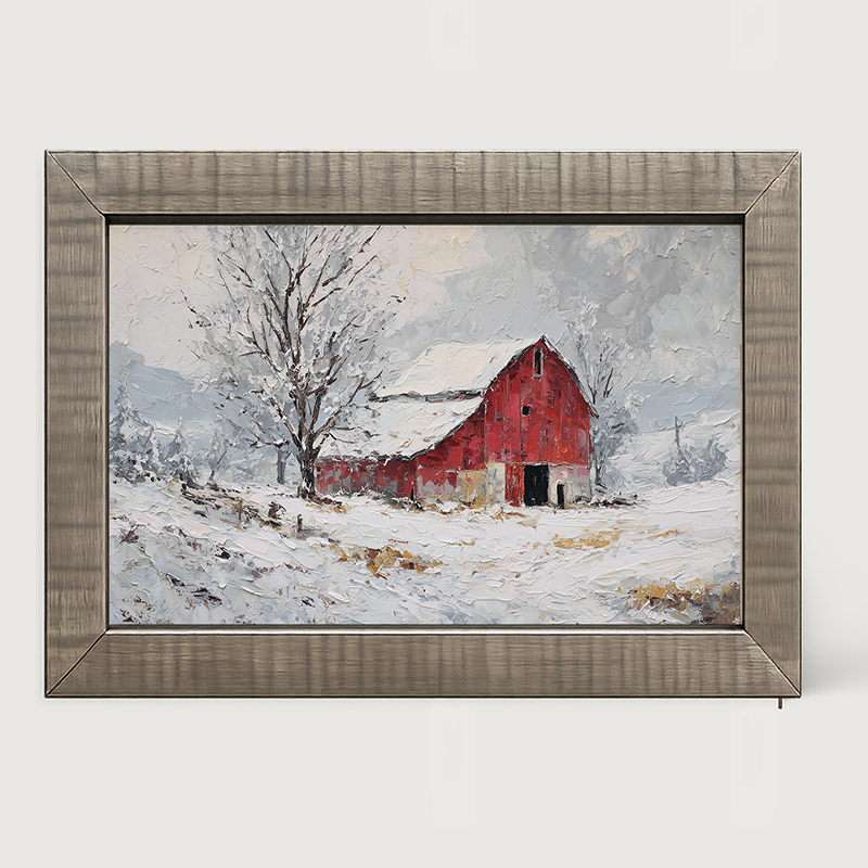 Country Winter - Red Barn near Tree