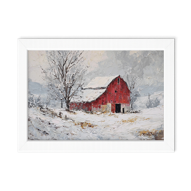 Country Winter - Red Barn near Tree - Framed Art
