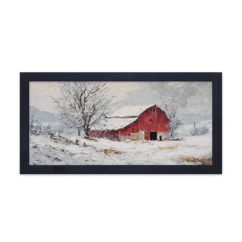 Country Winter - Red Barn near Tree - Framed Art