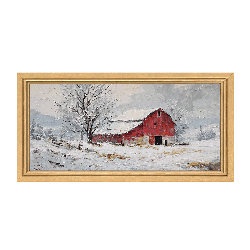 Country Winter - Red Barn near Tree - Framed Art