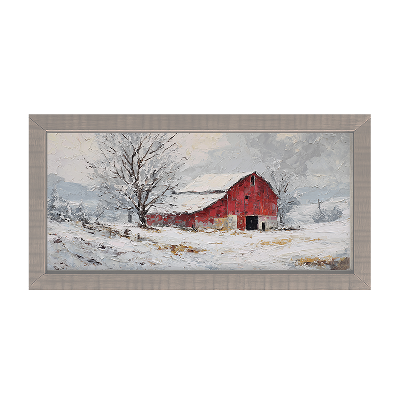 Country Winter - Red Barn near Tree - Framed Art
