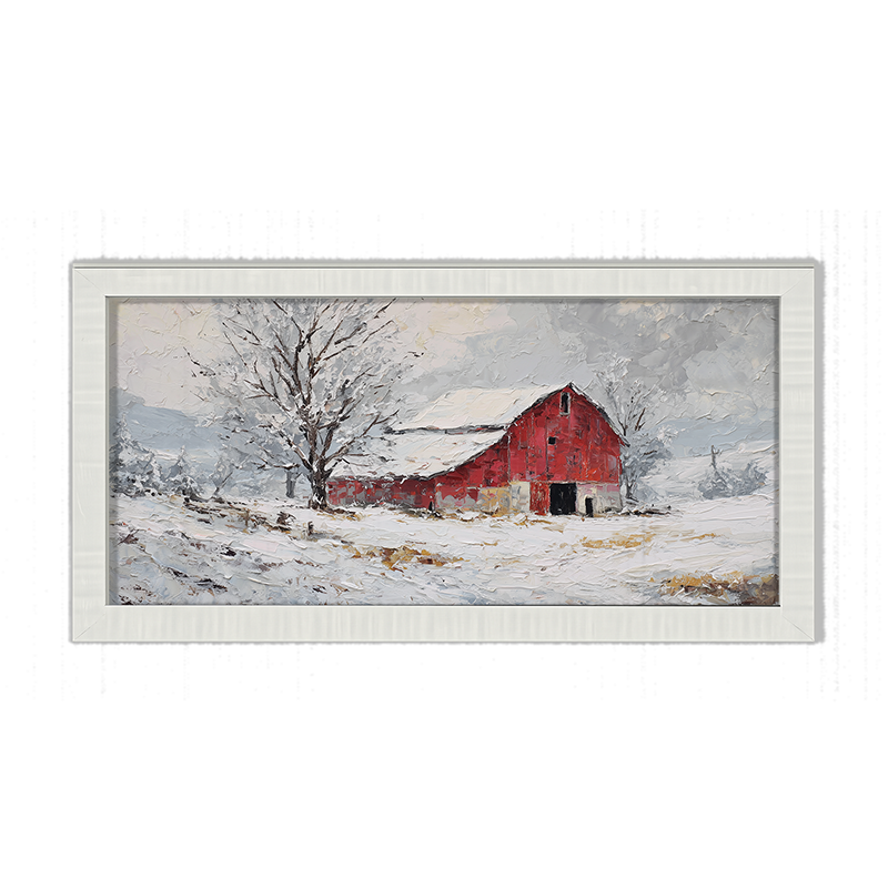 Country Winter - Red Barn near Tree - Framed Art