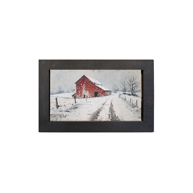 Country Winter - Red Barn near Road - Framed Art
