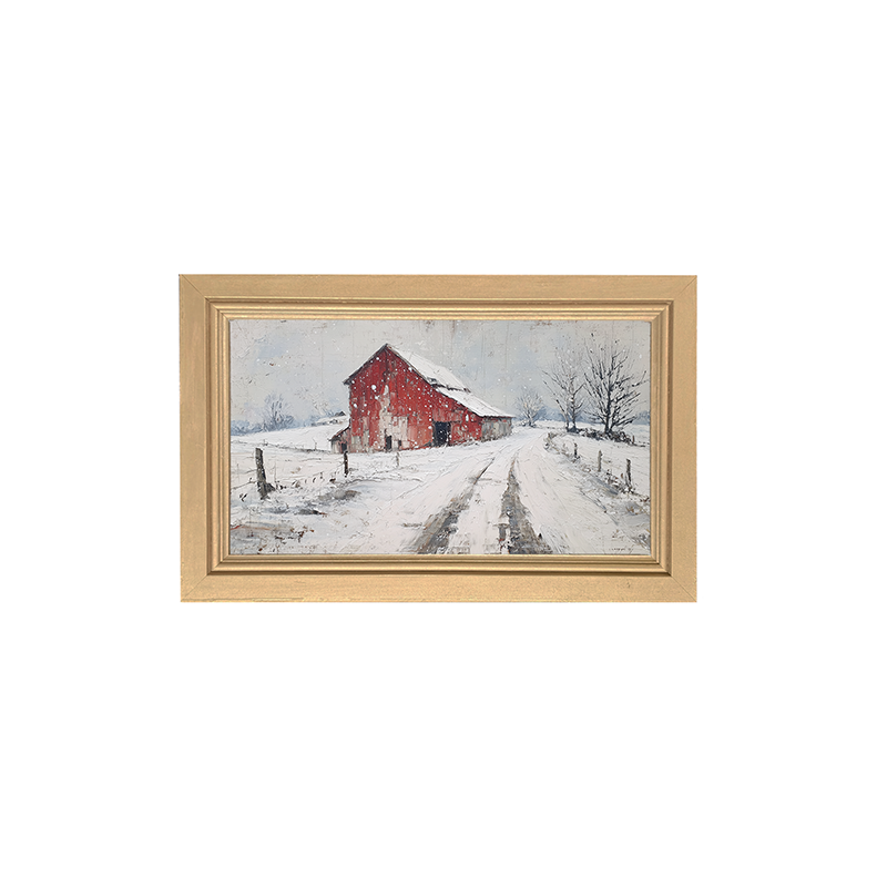 Country Winter - Red Barn near Road - Framed Art