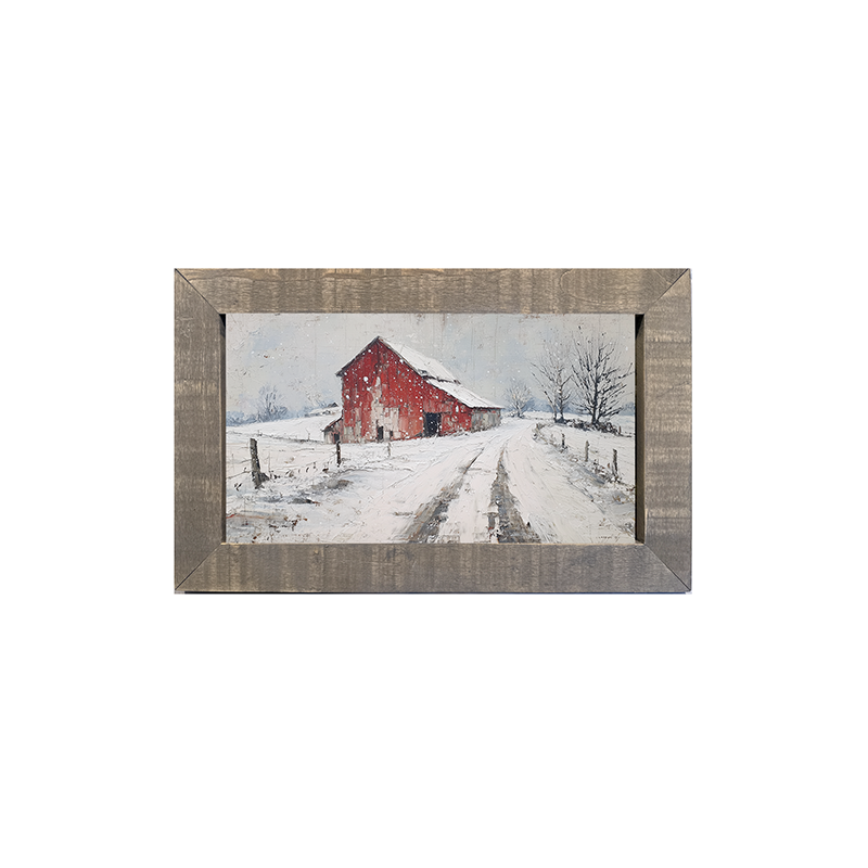 Country Winter - Red Barn near Road - Framed Art