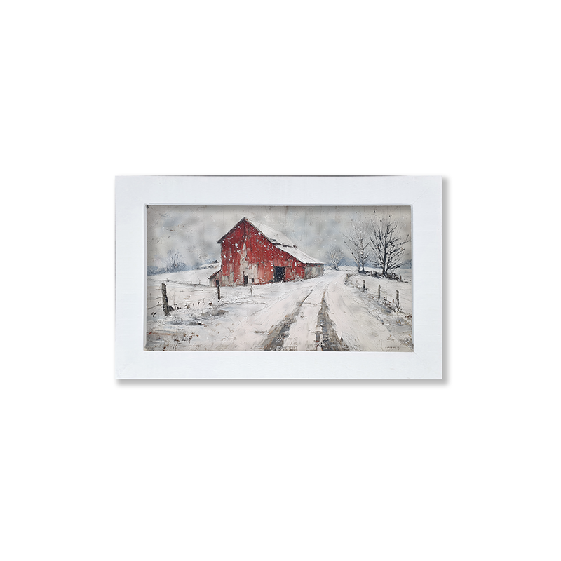 Country Winter - Red Barn near Road - Framed Art