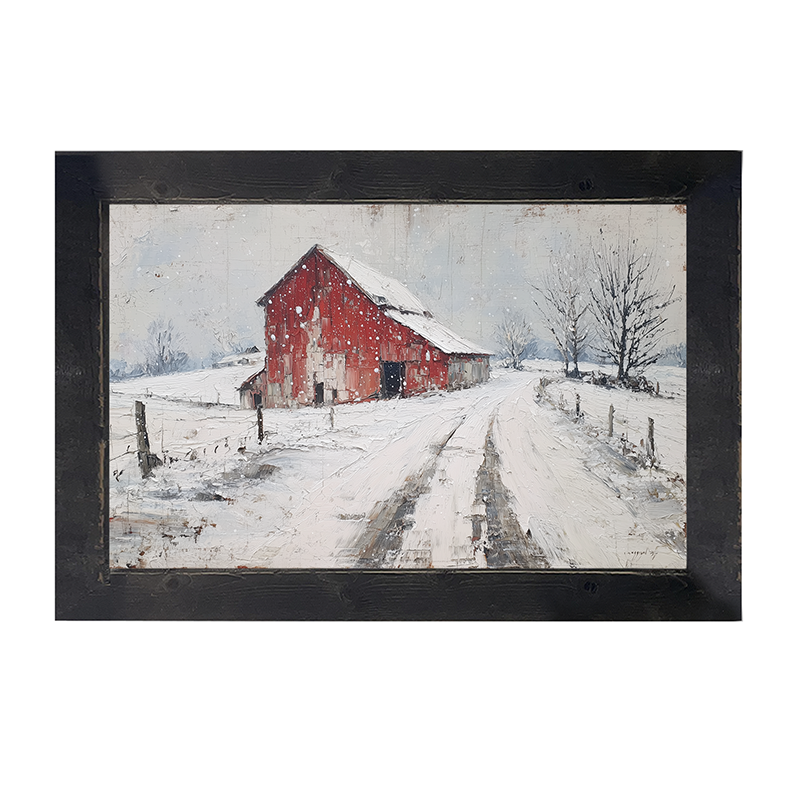 Country Winter - Red Barn near Road - Framed Art