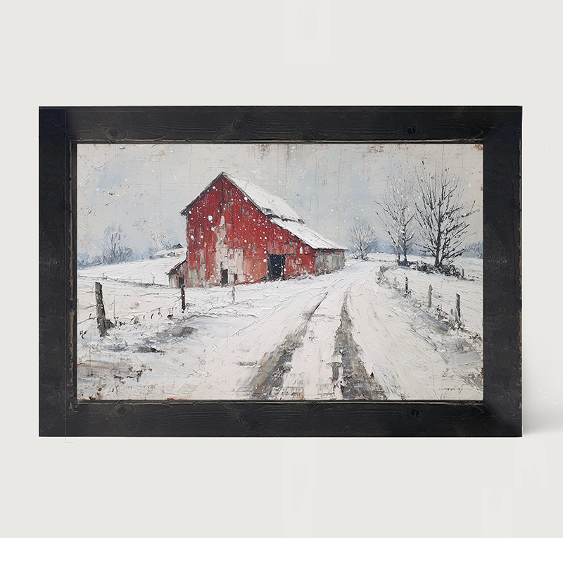 Country Winter - Red Barn near Road - Framed Art