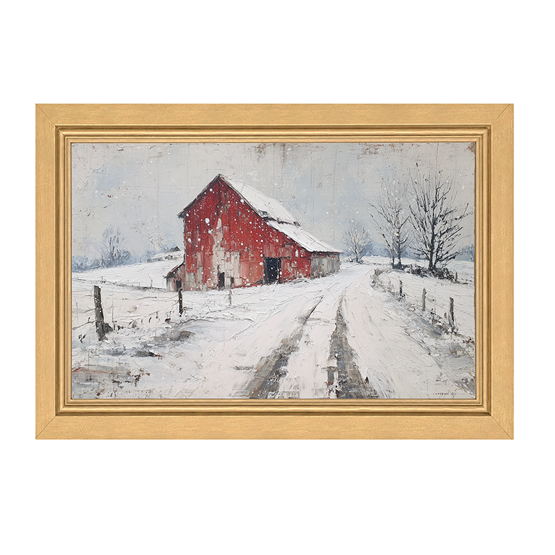 Country Winter - Red Barn near Road - Framed Art