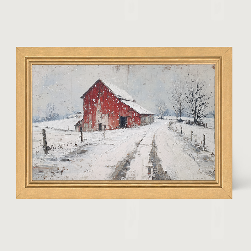 Country Winter - Red Barn near Road - Framed Art