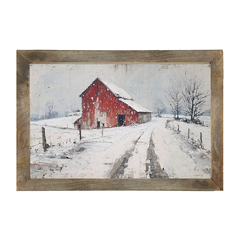 Country Winter - Red Barn near Road - Framed Art