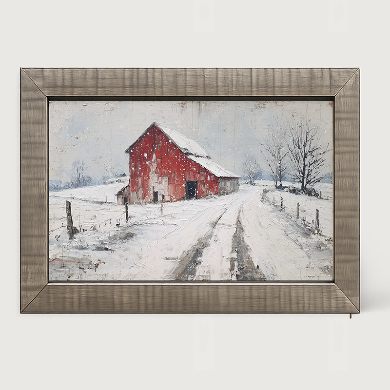 Country Winter - Red Barn near Road - Framed Art