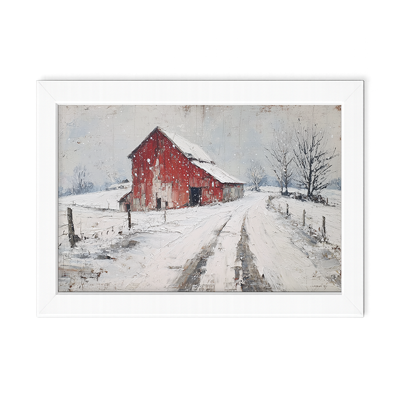 Country Winter - Red Barn near Road - Framed Art