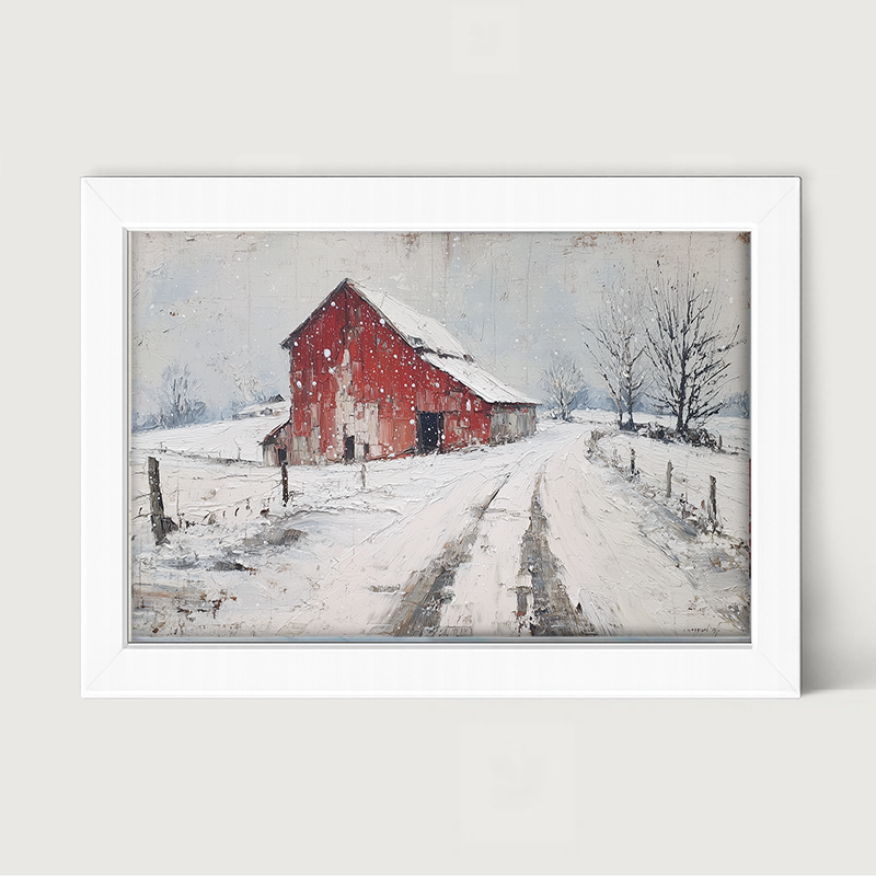 Country Winter - Red Barn near Road - Framed Art
