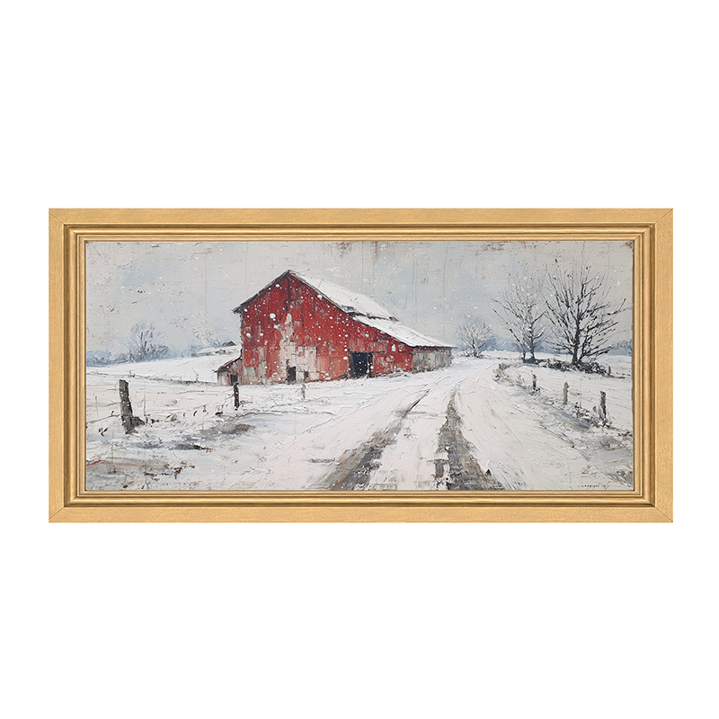 Country Winter - Red Barn near Road - Framed Art