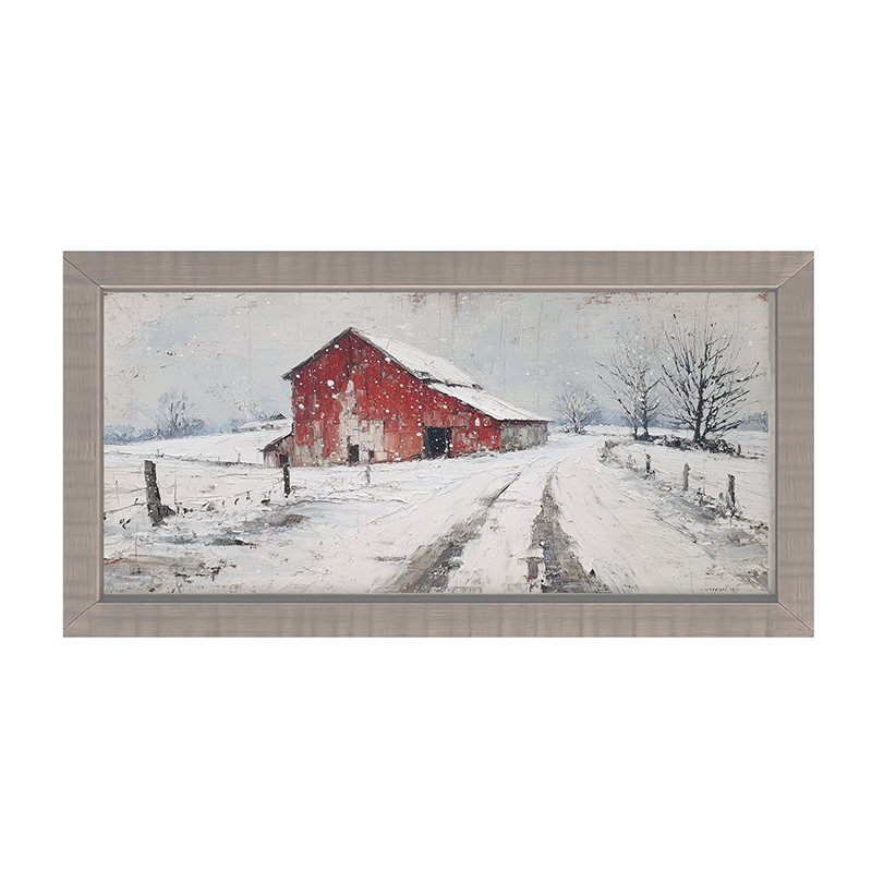 Country Winter - Red Barn near Road - Framed Art