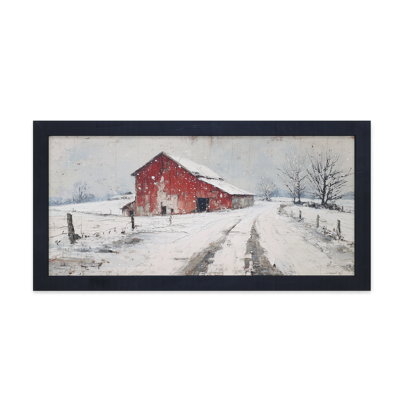 Country Winter - Red Barn near Road - Framed Art