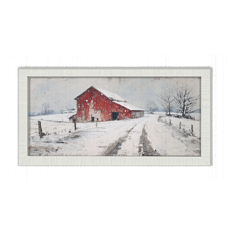 Country Winter - Red Barn near Road - Framed Art