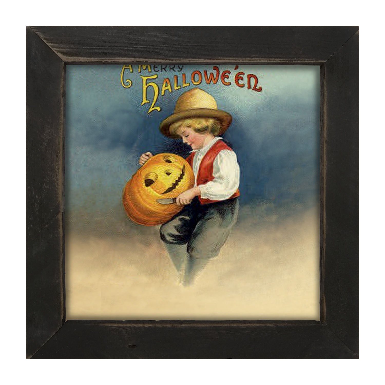 Boy Carving Pumpkin - Framed art