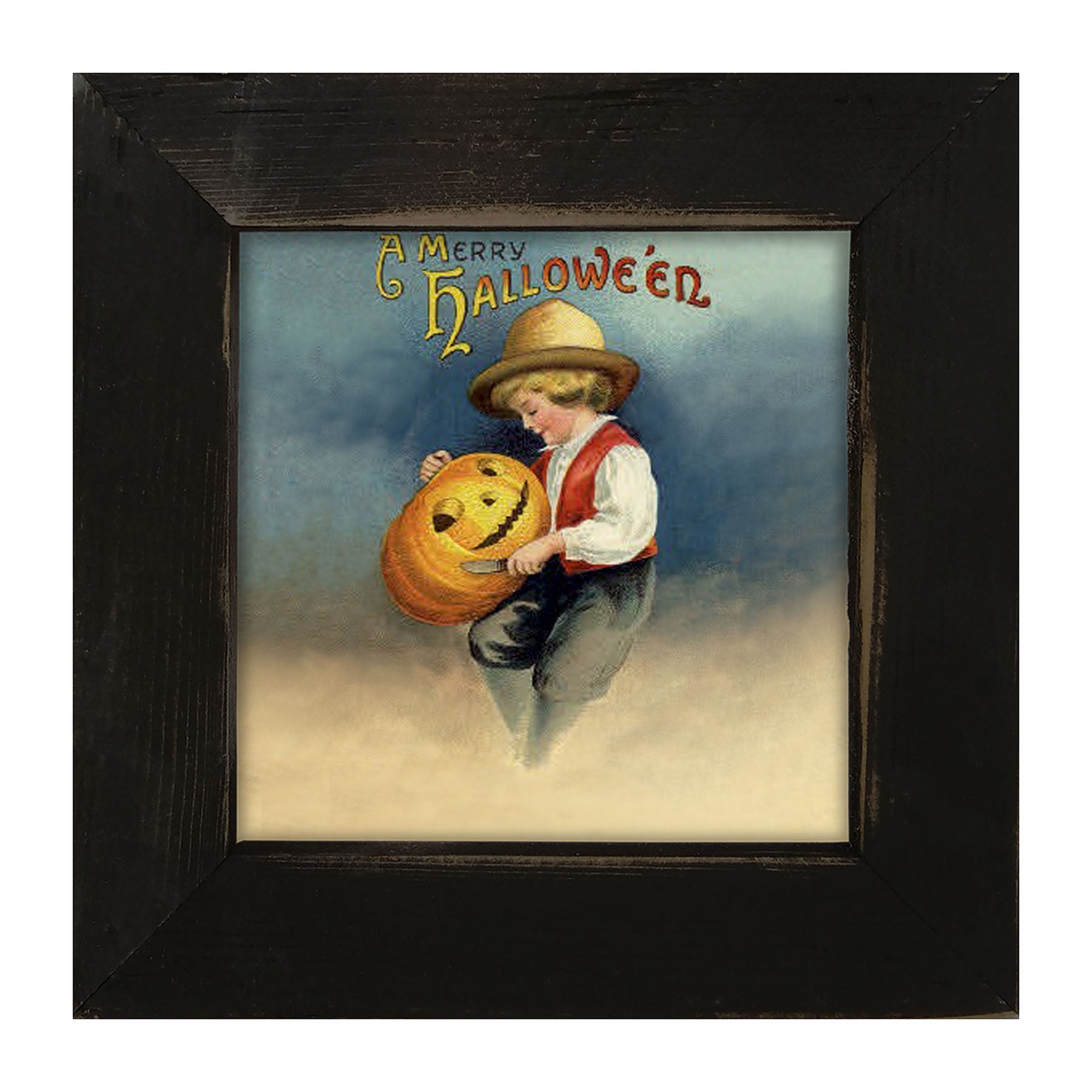 Boy Carving Pumpkin - Framed art