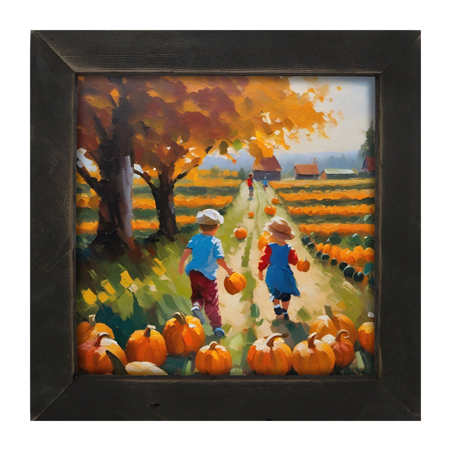 Kids picking their pumpkins - Framed art