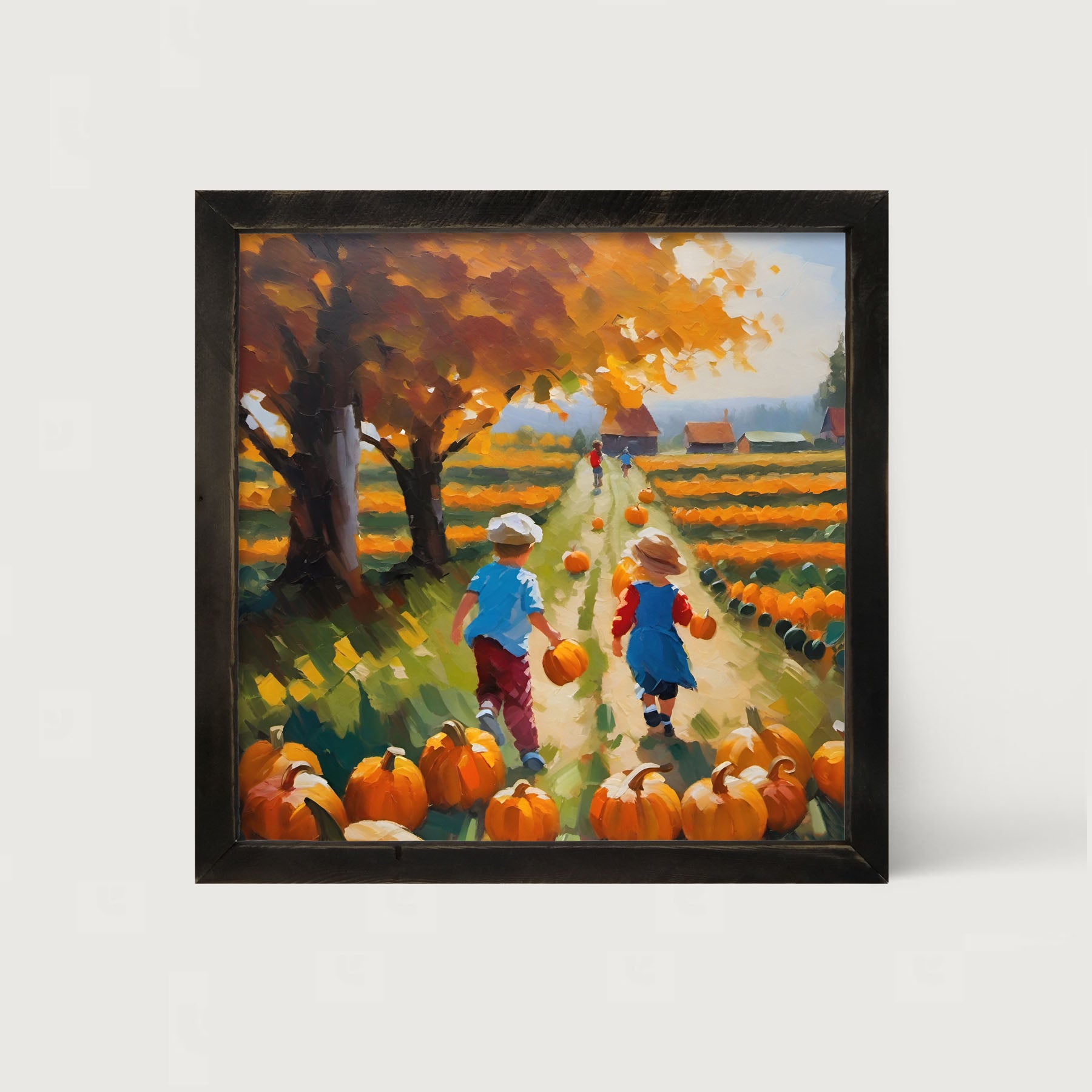 Kids picking their pumpkins - Framed art