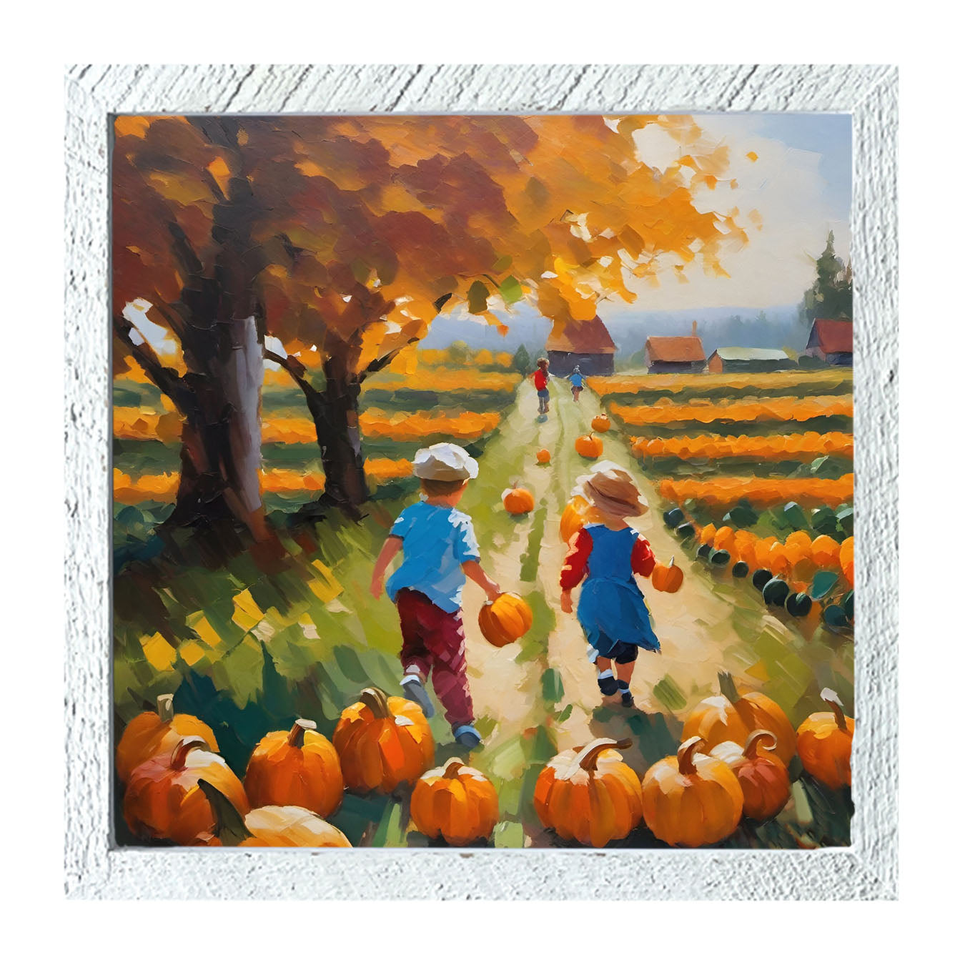 Kids picking their pumpkins - Framed art