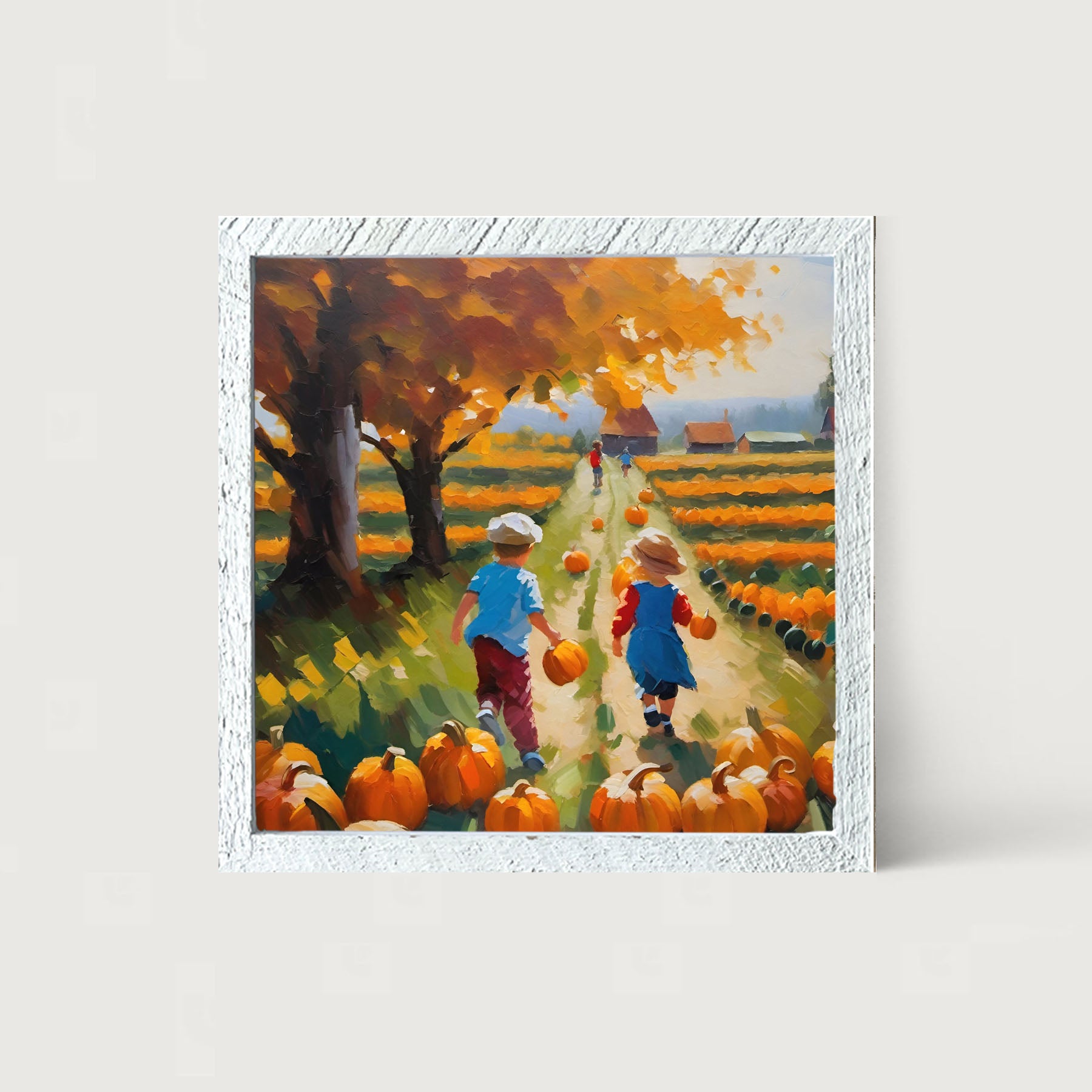 Kids picking their pumpkins - Framed art