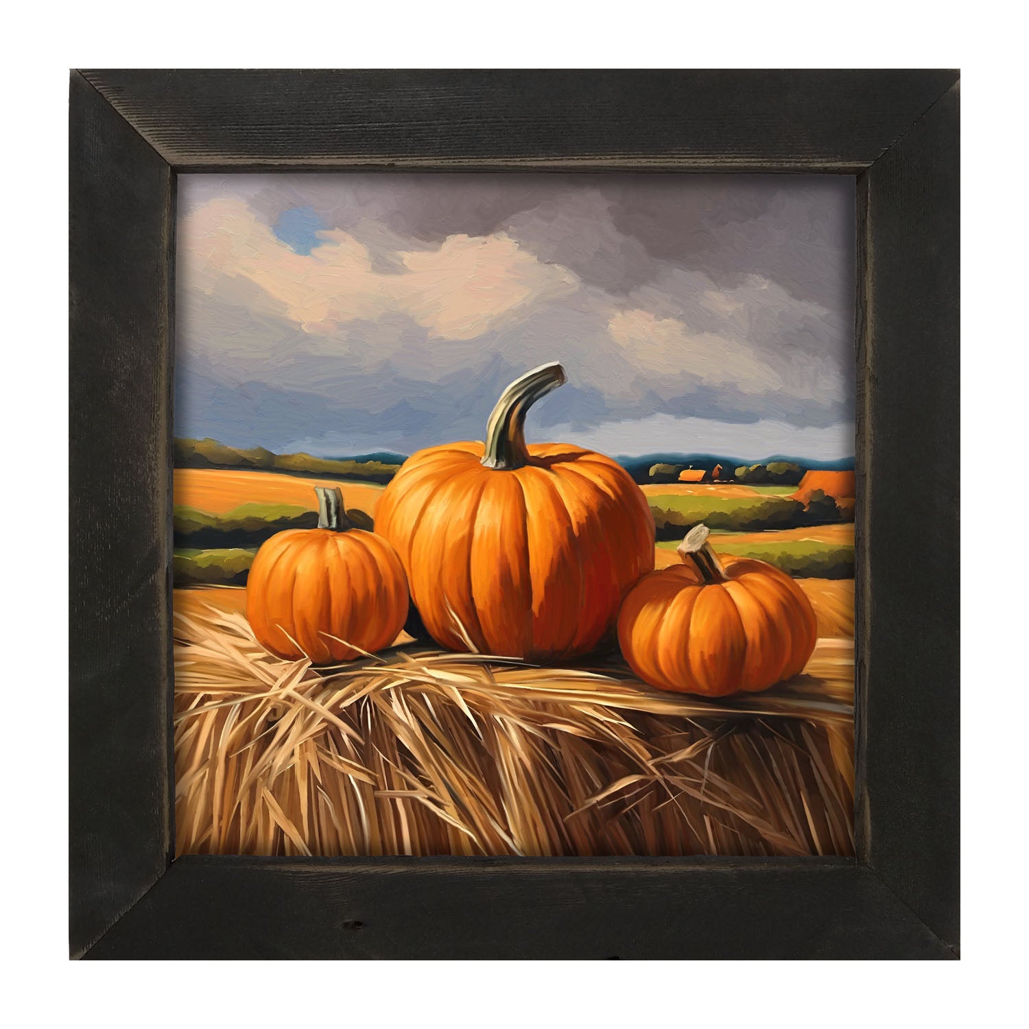 Trio of pumpkins on Hay - Framed art