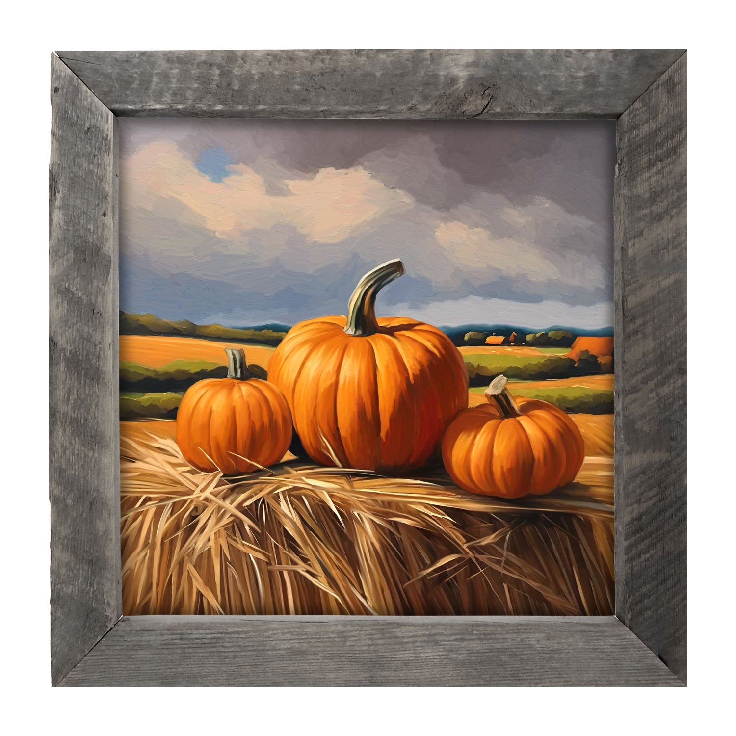 Trio of pumpkins on Hay - Framed art