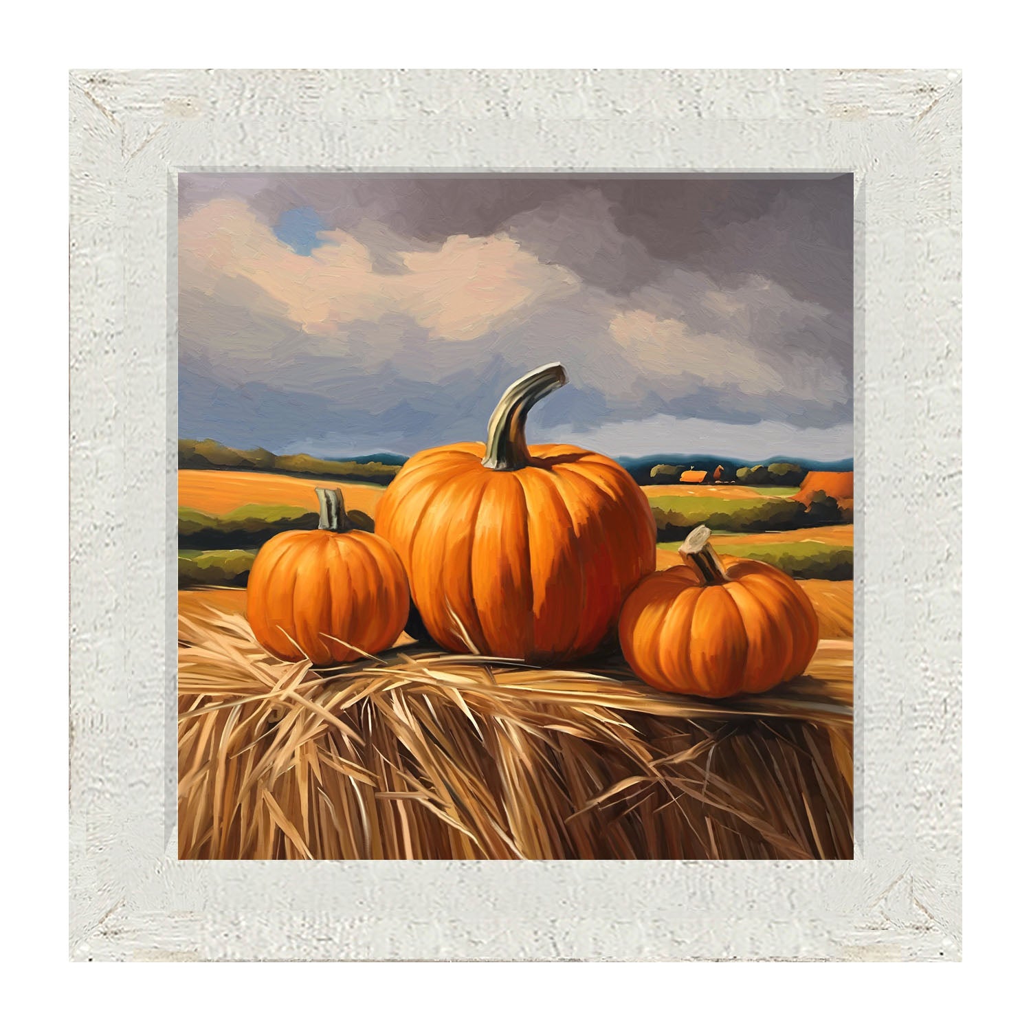 Trio of pumpkins on Hay - Framed art