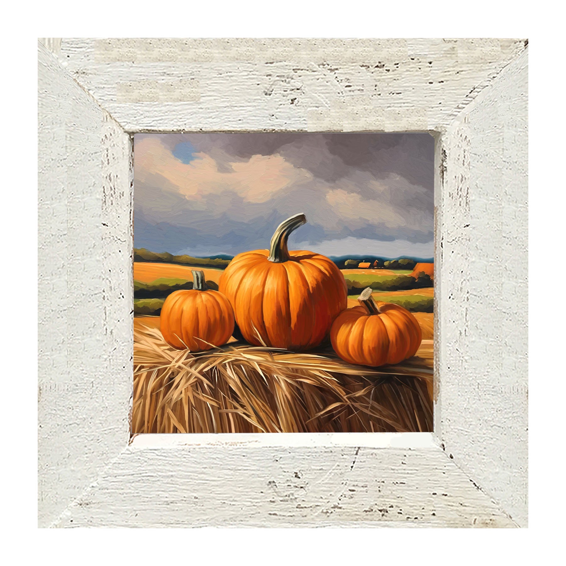 Trio of pumpkins on Hay - Framed art