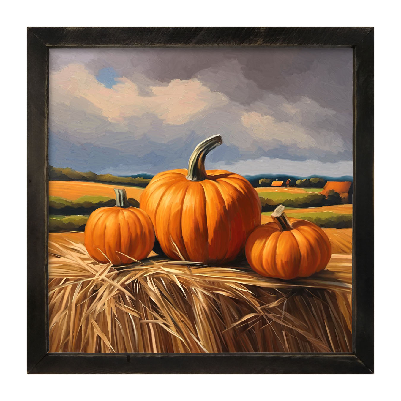 Trio of pumpkins on Hay - Framed art