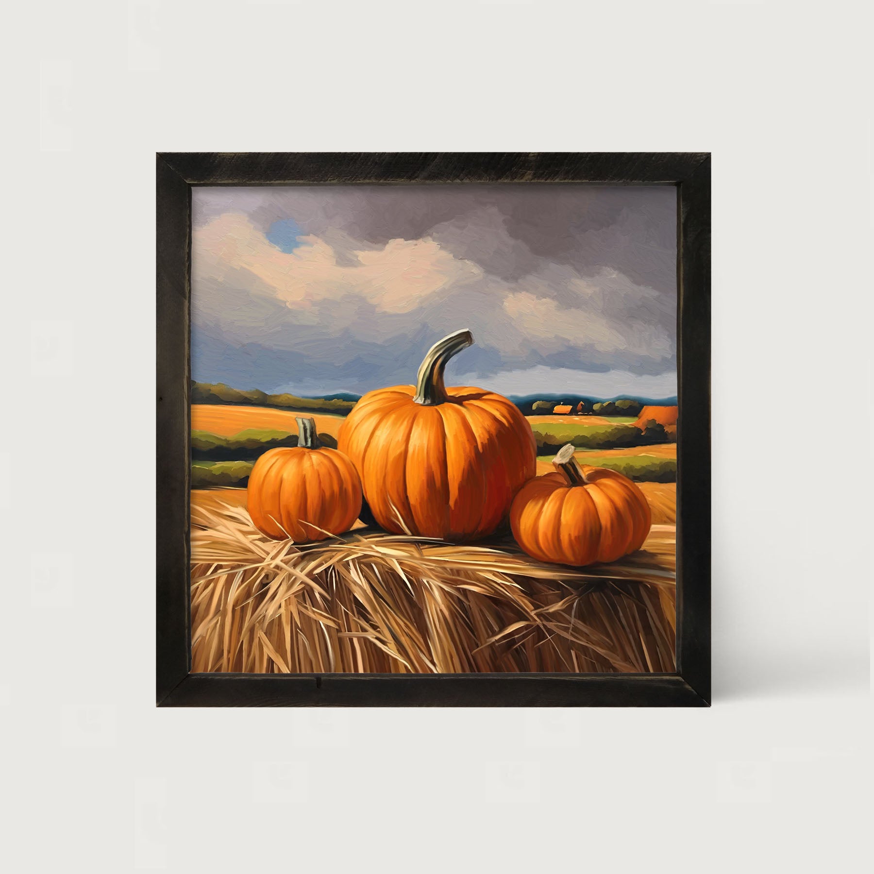 Trio of pumpkins on Hay - Framed art