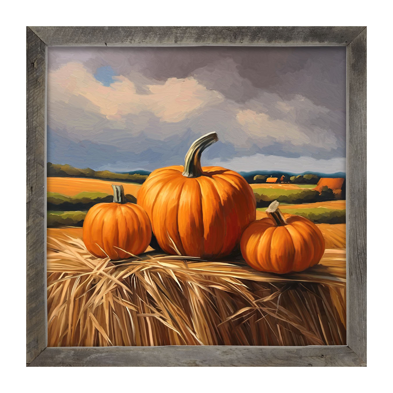 Trio of pumpkins on Hay - Framed art