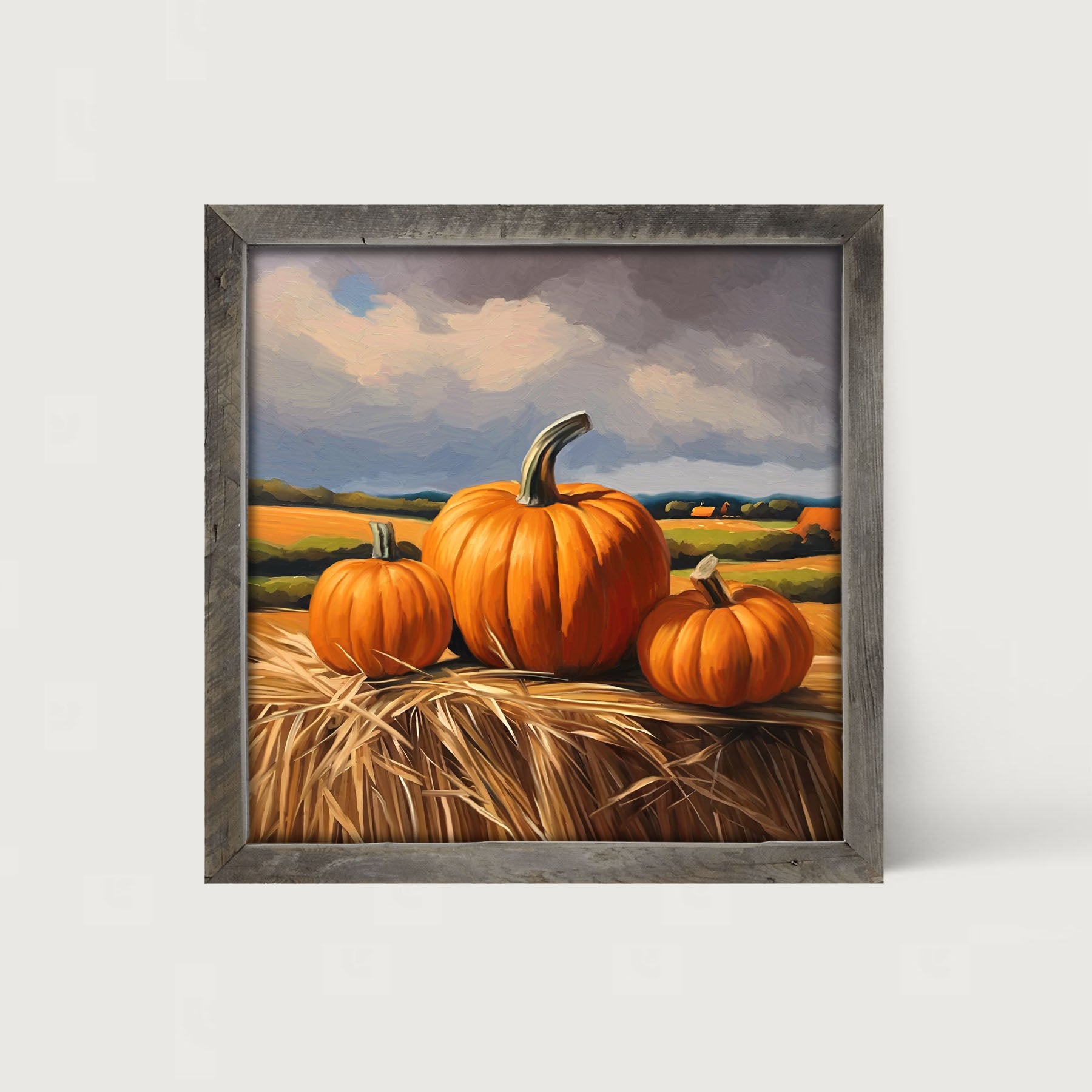 Trio of pumpkins on Hay - Framed art