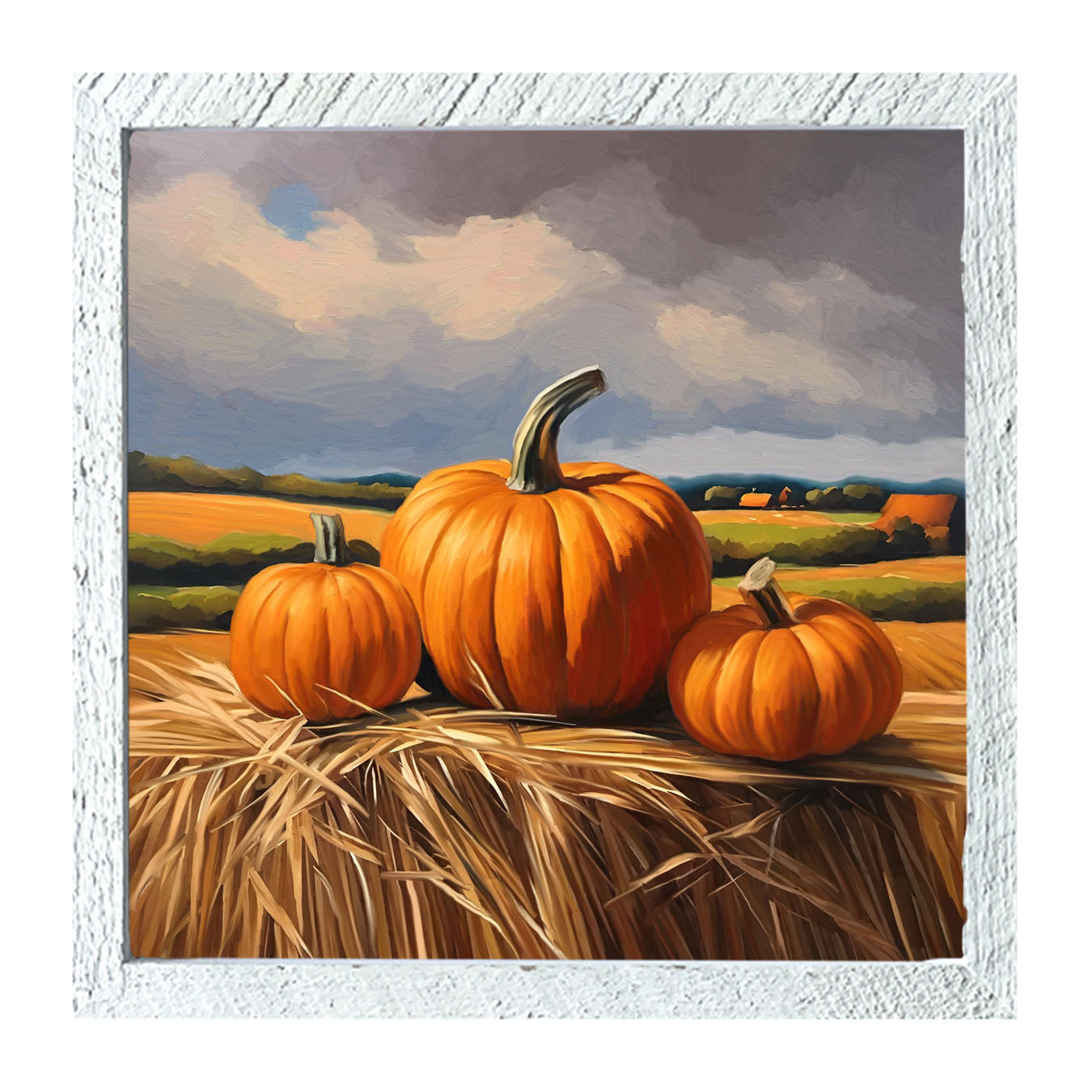 Trio of pumpkins on Hay - Framed art