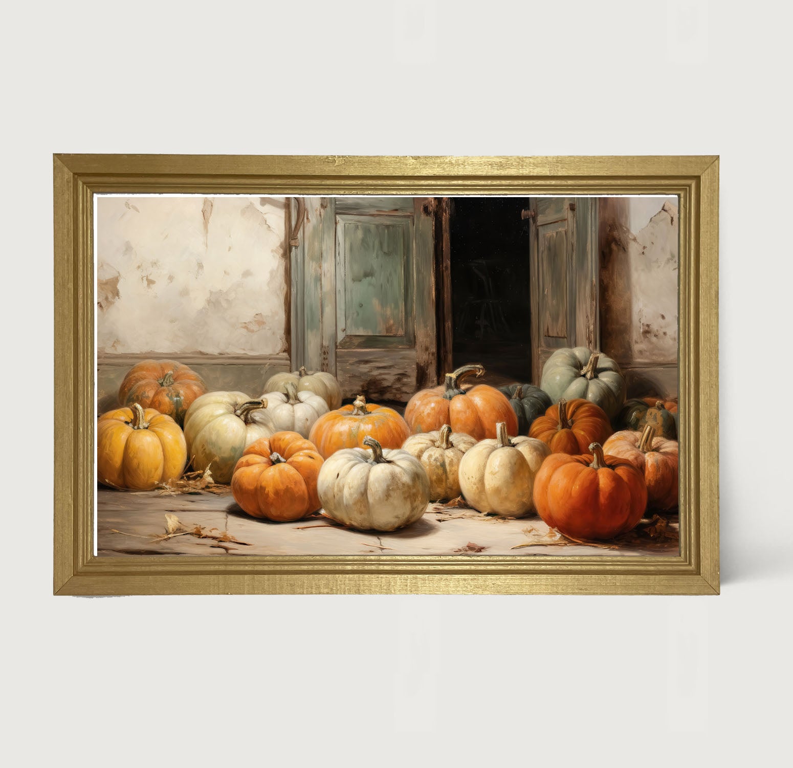 Pumpkins in a doorway - Framed art