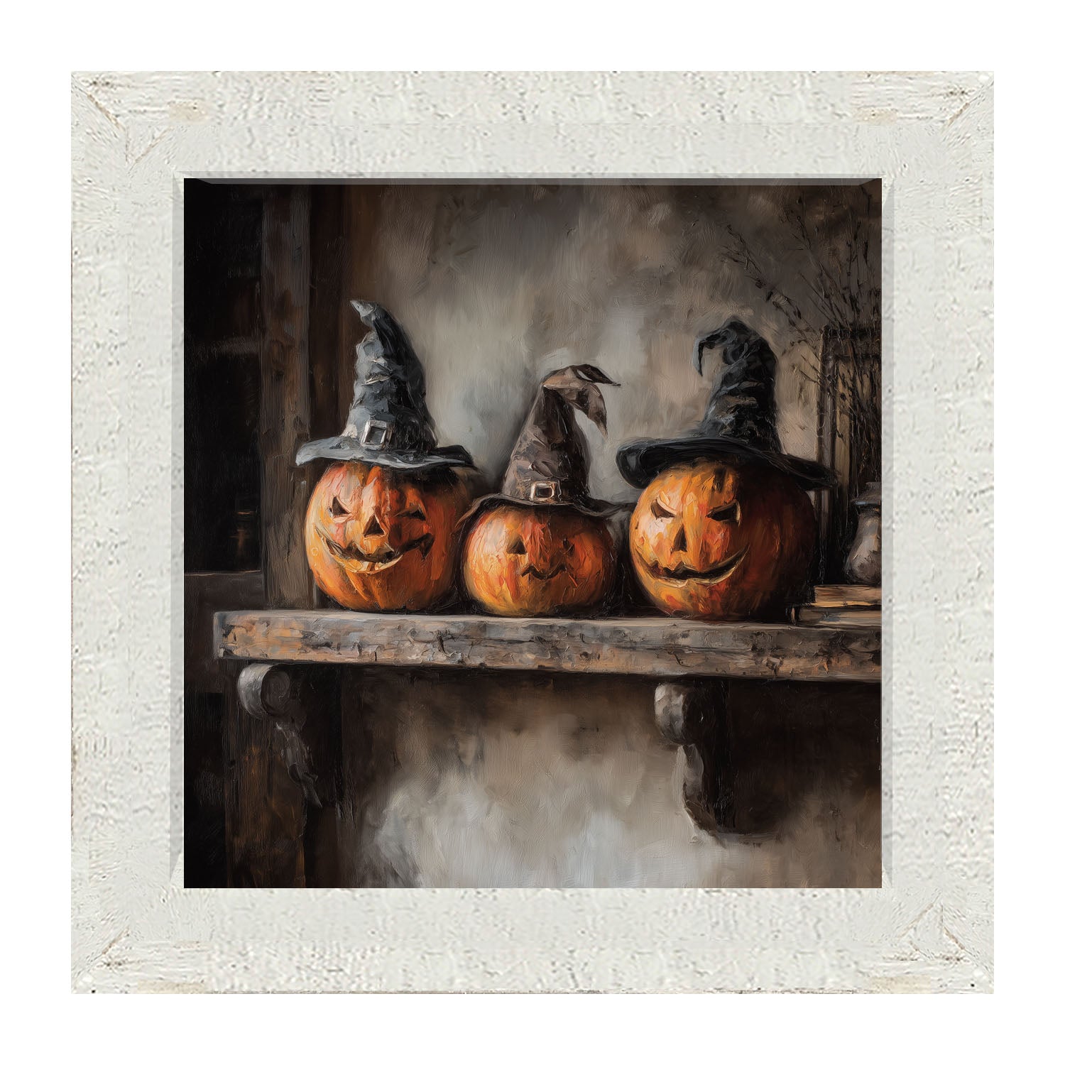 Trio of Jack-o-Lanterns in Witch Hats - Framed Art