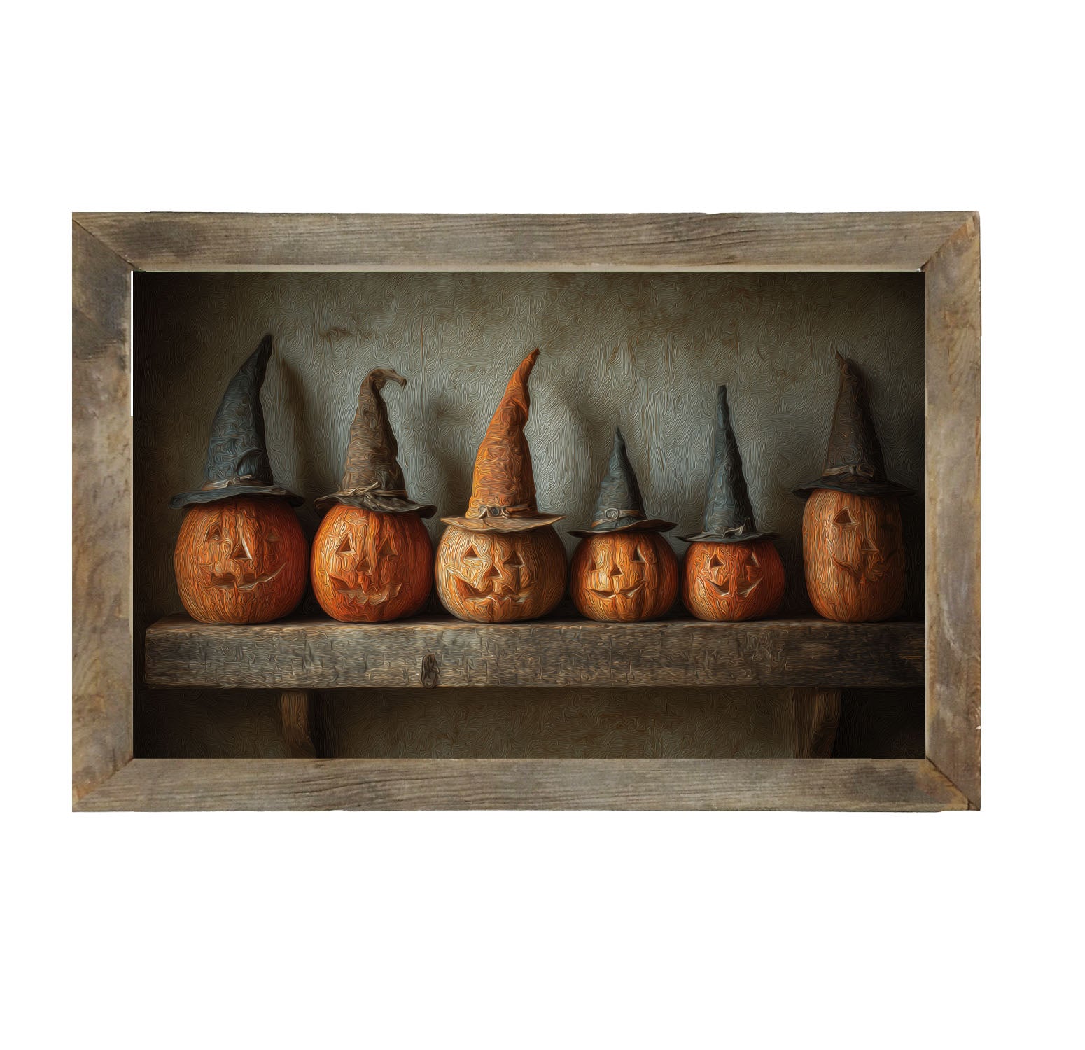 Shelf Full of Jack-o-Lanterns in Witch Hats - Framed Art