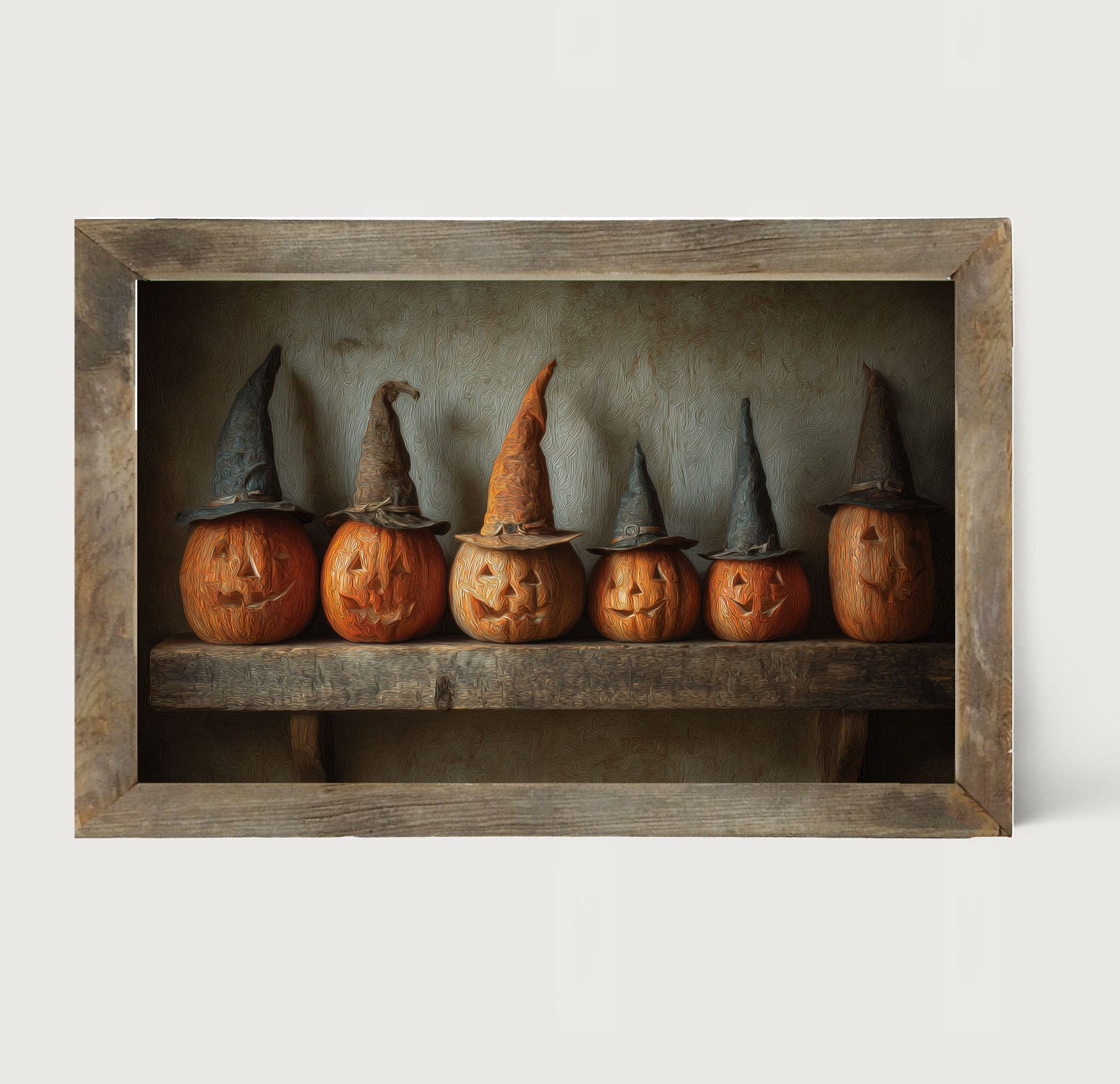 Shelf Full of Jack-o-Lanterns in Witch Hats - Framed Art