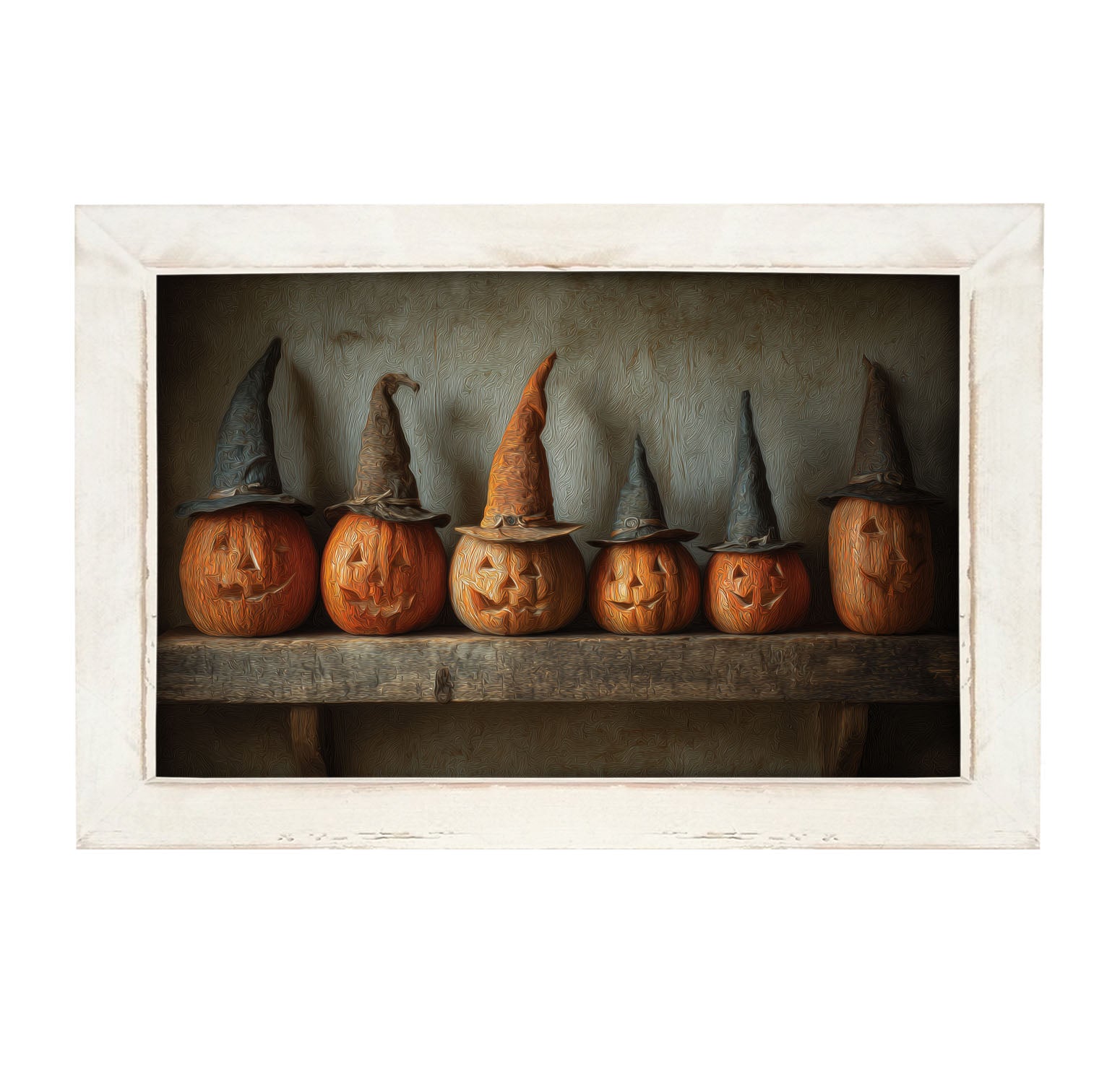 Shelf Full of Jack-o-Lanterns in Witch Hats - Framed Art