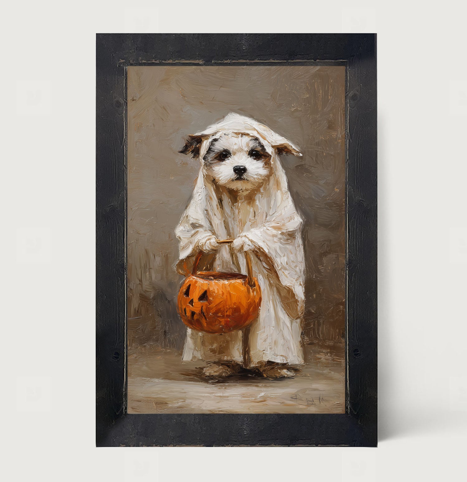 Trick or Treating Pets - Dog as a Ghost - Framed Art