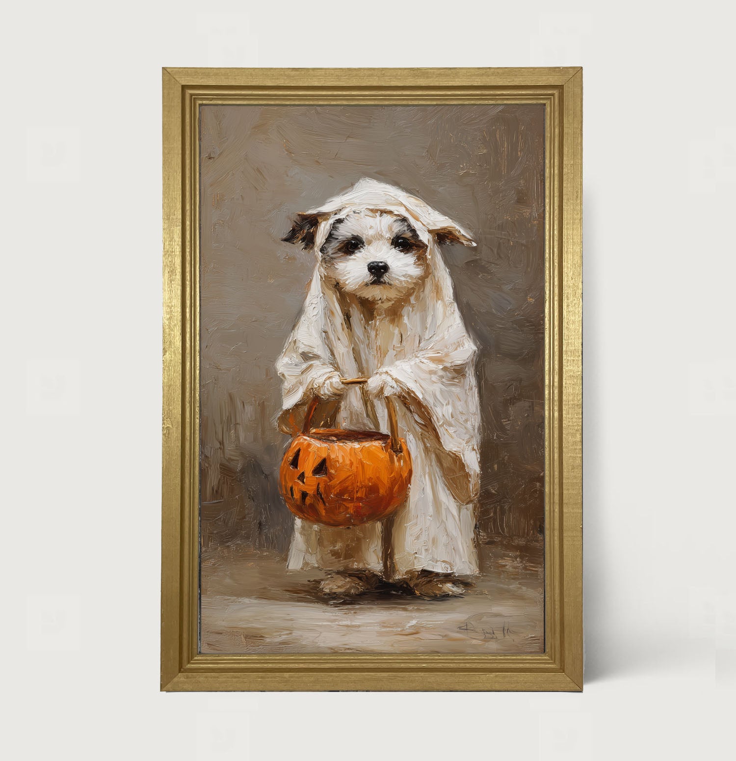 Trick or Treating Pets - Dog as a Ghost - Framed Art