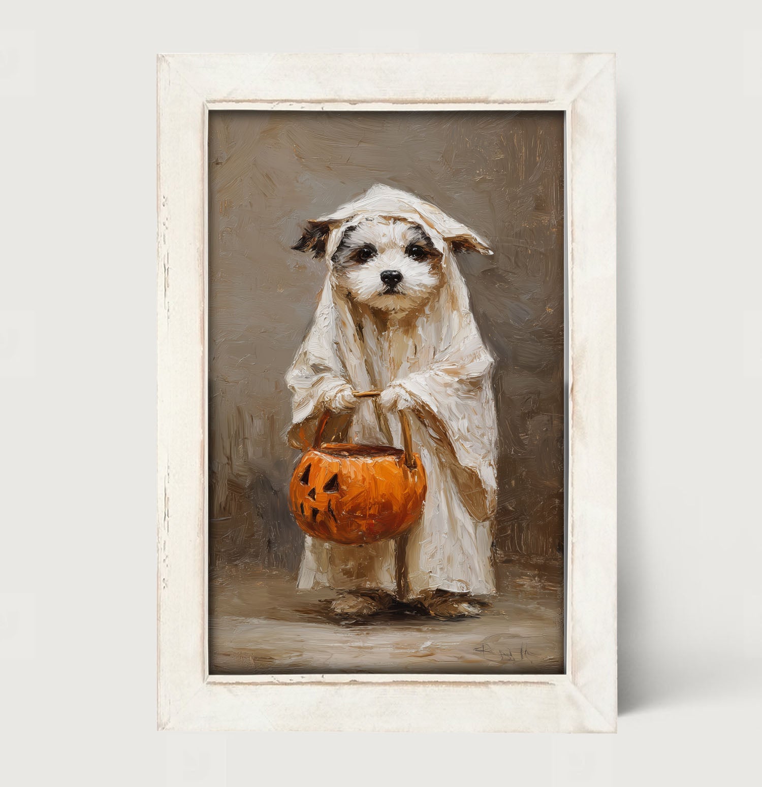Trick or Treating Pets - Dog as a Ghost - Framed Art